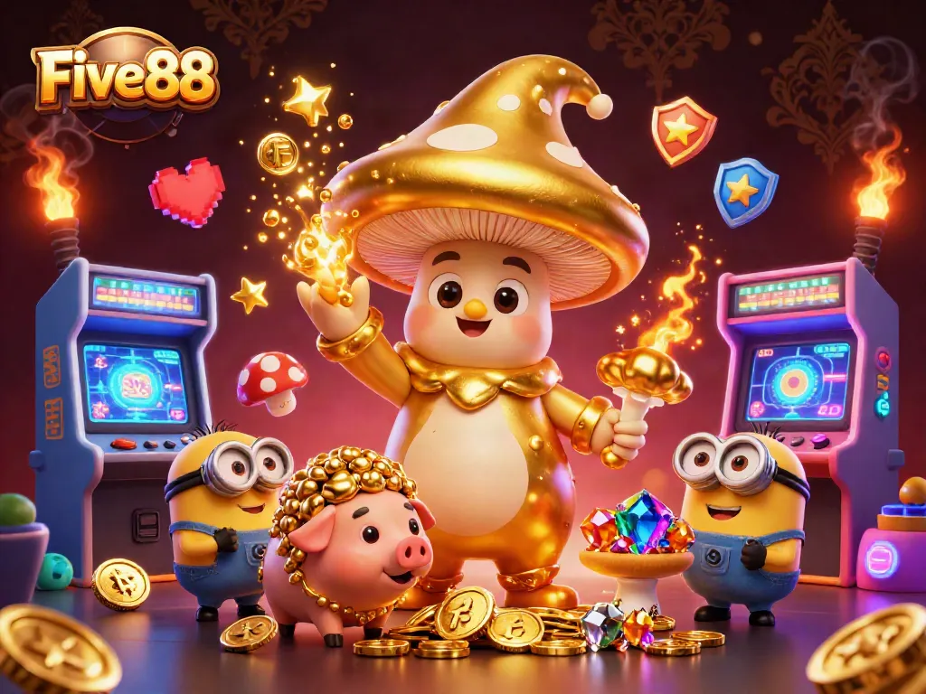 Experience the magical atmosphere of Five88 with a golden mushroom wizard and dynamic gaming elements.