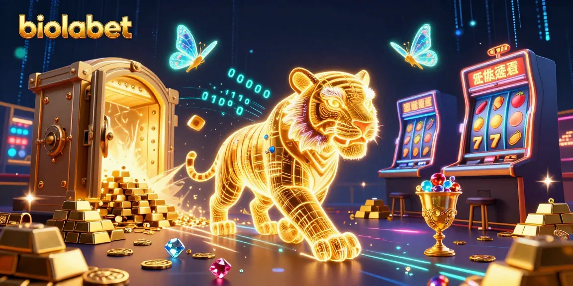 Engage in exciting gameplay with biolabet's vibrant casino scene featuring a golden tiger amidst dazzling slot machines and treasures.