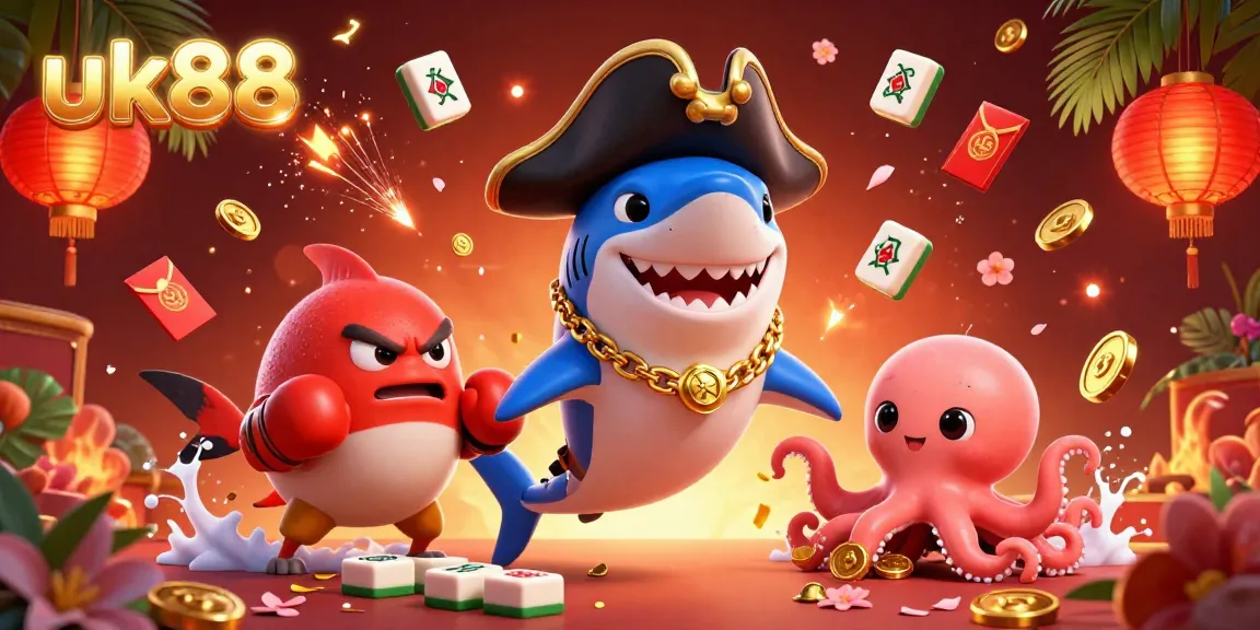 Experience the thrill of uk88 with vibrant, playful characters celebrating a gambling atmosphere filled with gold and excitement.