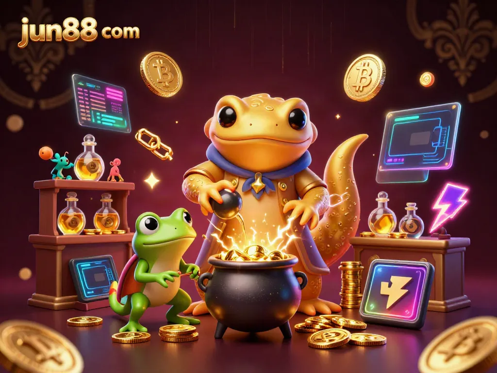 Experience the magic of jun88 com with a vibrant cartoony illustration featuring alchemists and gold coins.