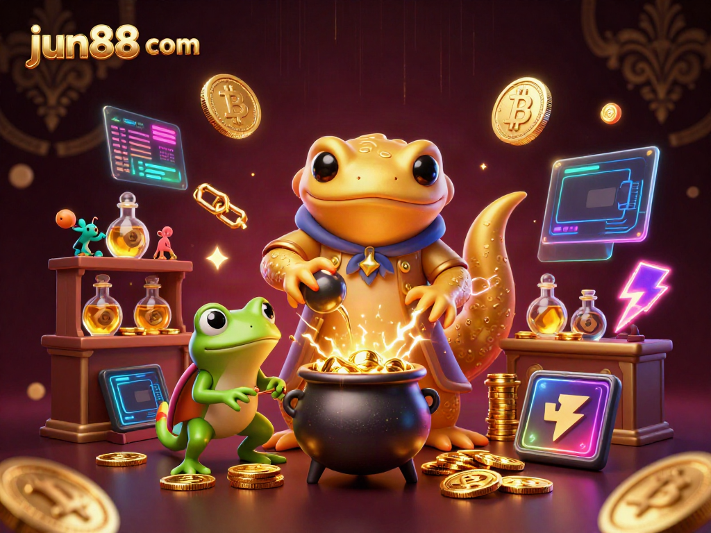 Experience the magic of jun88 com with a vibrant cartoony illustration featuring alchemists and gold coins.