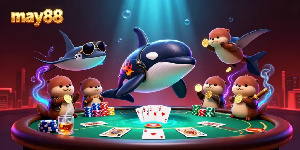 Engaging may88 casino illustration featuring an orca whale, stingray, and otters with poker scene details.