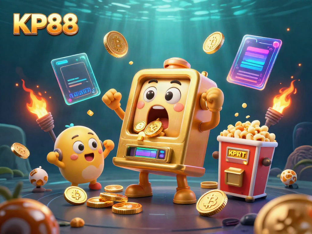 Spin the KP88 jackpot for endless fun with vibrant 3D slots and shiny coins cascading.