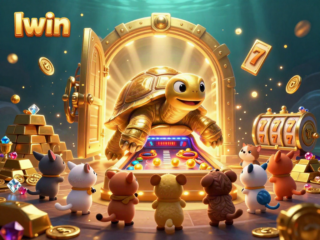 Iwin casino scene featuring a colossal golden tortoise with engaging gambling action and rich visual elements.