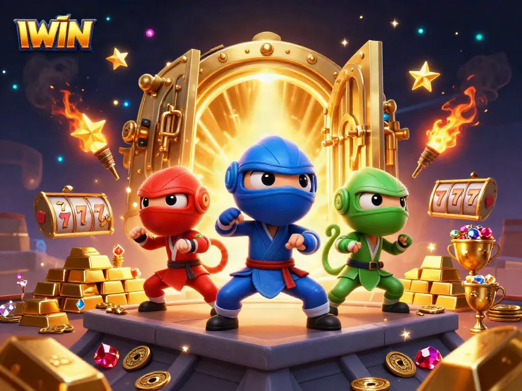 IWIN's vibrant casino action illustrated with chameleons playing slots and treasure flaring.