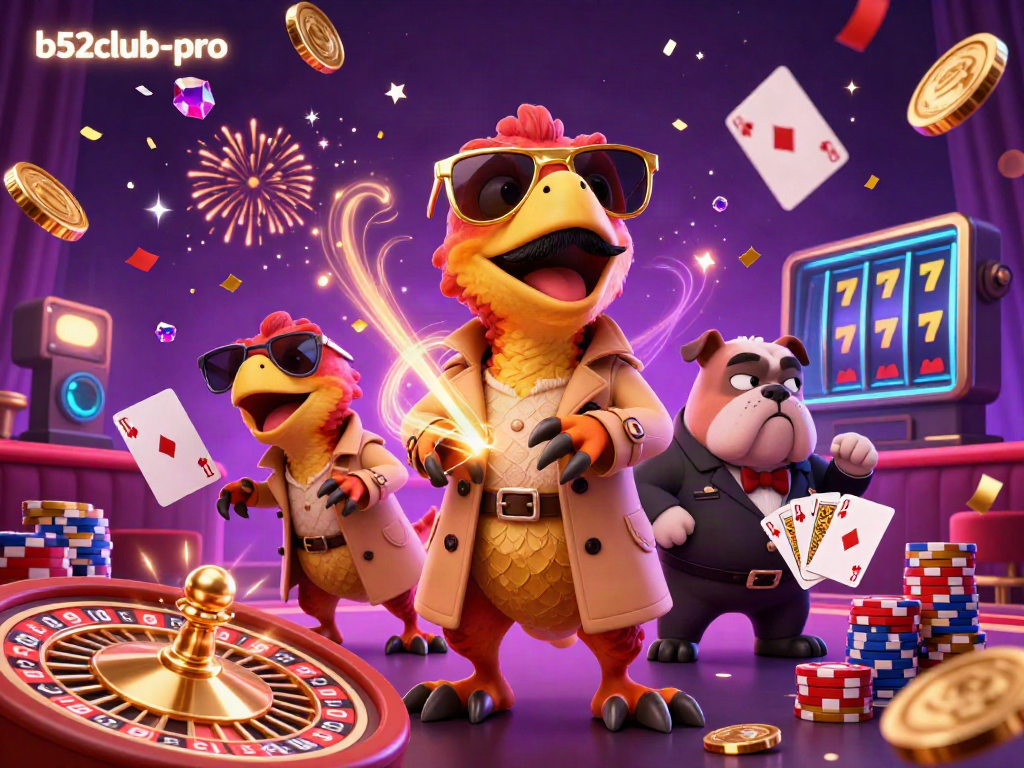 Experience thrilling gameplay at b52club-pro with cartoon raptors sneaking into a VIP lounge.