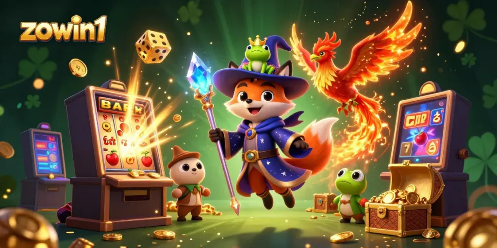 Zowin1's captivating 3D illustration features an enchanting wizard fox with a phoenix and sparkling game elements depicting an exciting gambling experience.
