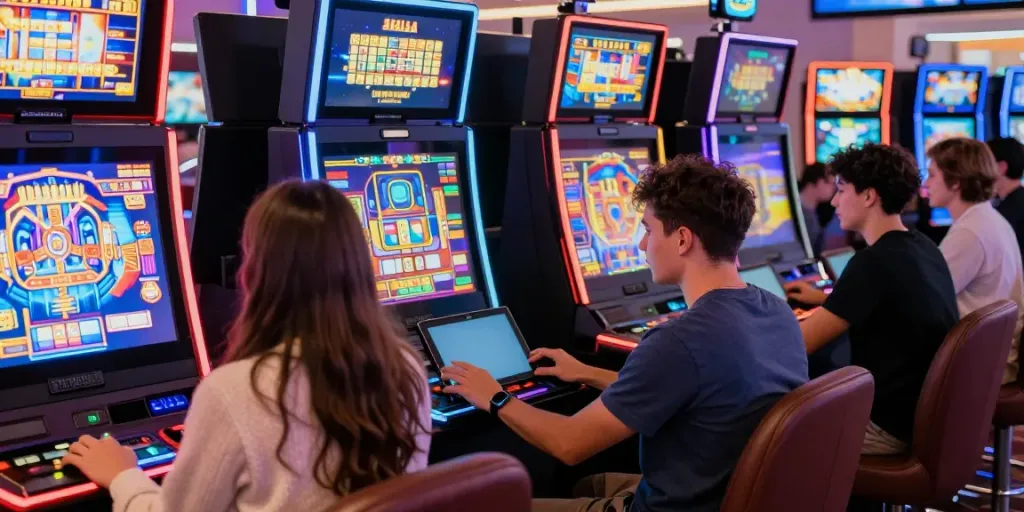 Engaged players exploring situs gacor with vibrant slot machines and digital interactions in a lively casino.
