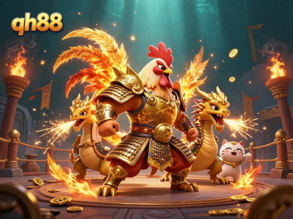 Experience the thrill of qh88 with a powerful 3D rooster warrior amidst a dynamic gaming scene.