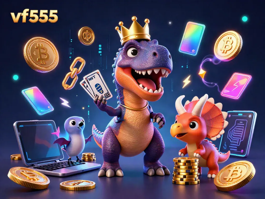 Engage with vf555 in a thrilling casino adventure featuring vibrant characters and glowing crypto elements.