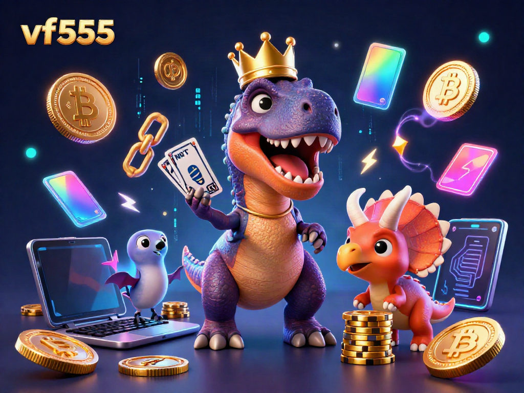 Engage with vf555 in a thrilling casino adventure featuring vibrant characters and glowing crypto elements.
