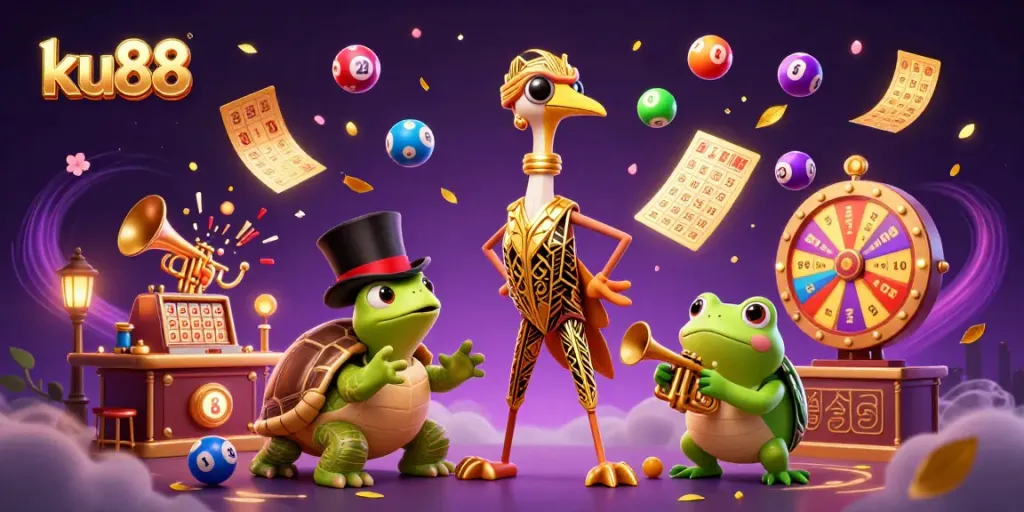 ku88 casino illustration featuring vibrant lottery elements and whimsical characters in a lively scene.