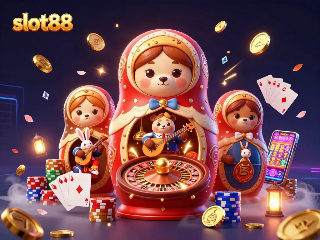 Slot88 mempersembahkan ilustrasi kasino dengan beruang Matryoshka dan dealer, meriah dengan koin emas.