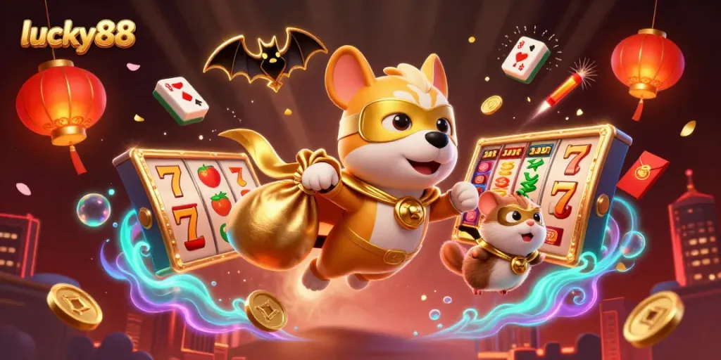 Experience the excitement of lucky88 with a playful superhero dog and hamster among casino symbols.