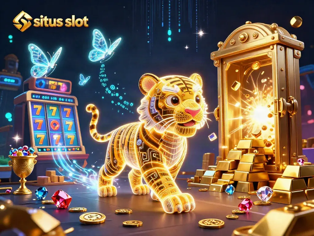 situs slot illustration with a golden tiger and slot reels amidst treasures in a vibrant casino atmosphere