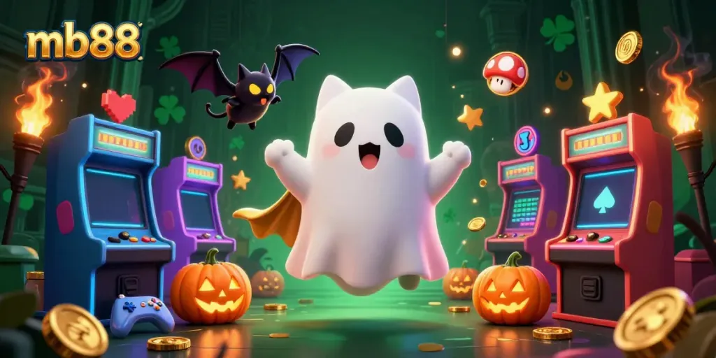 Experience thrilling slot action with mb88, featuring a playful ghost cat and vibrant arcade machines.