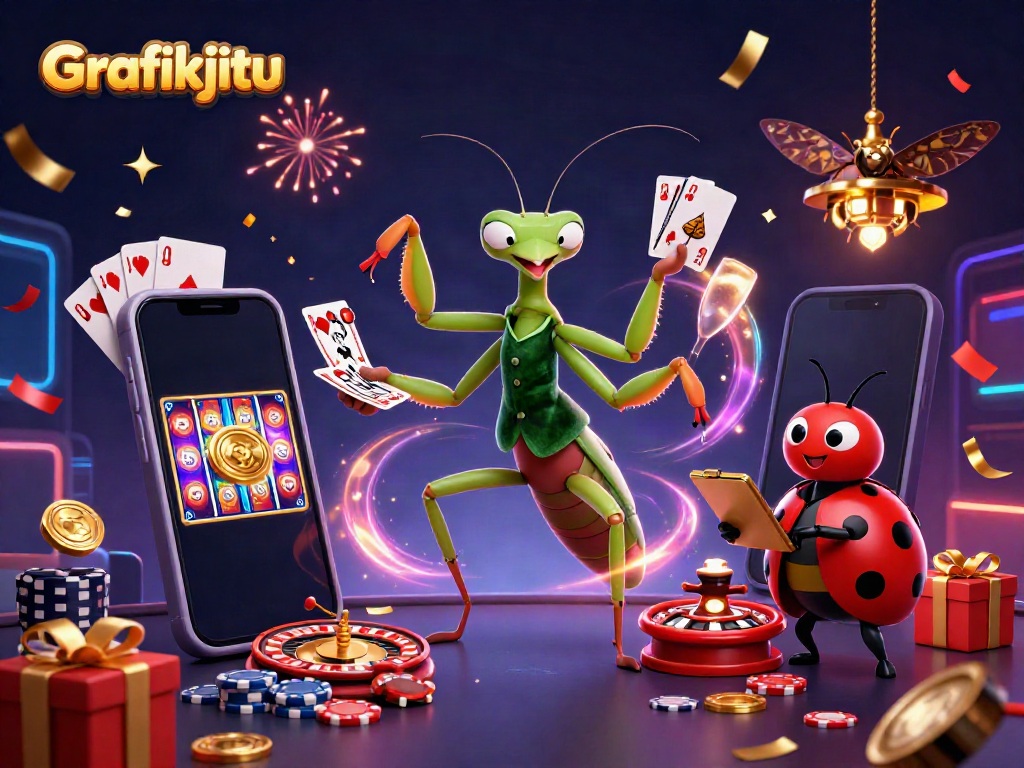 Engage with Grafikjitu's vibrant casino scene featuring a giant mantis card sharp and ladybug pit boss.