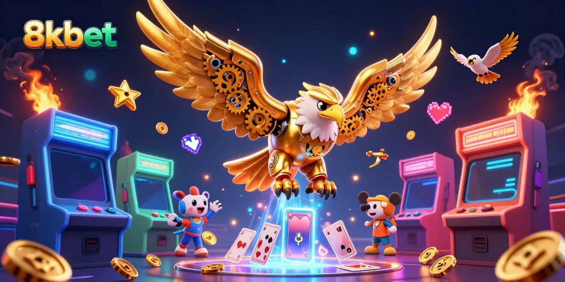 Watch the cybernetic golden eagle soar through casino-themed holographic cards in this dynamic 8kbet 3D art.