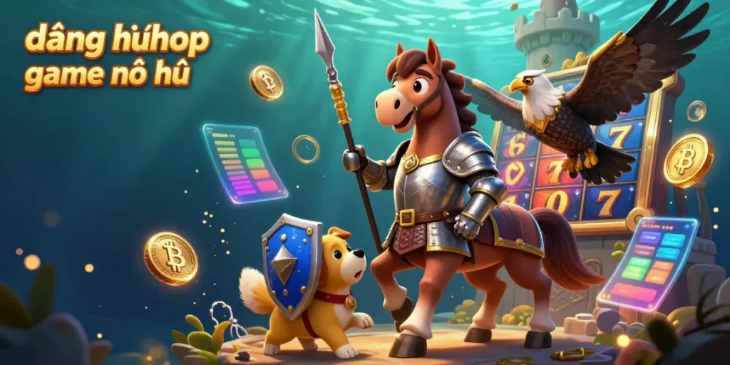 Engage with the thrilling world of đăng nhập game nổ hũ through a dynamic 3D scene showcasing a knight on a horse amidst vibrant casino elements.