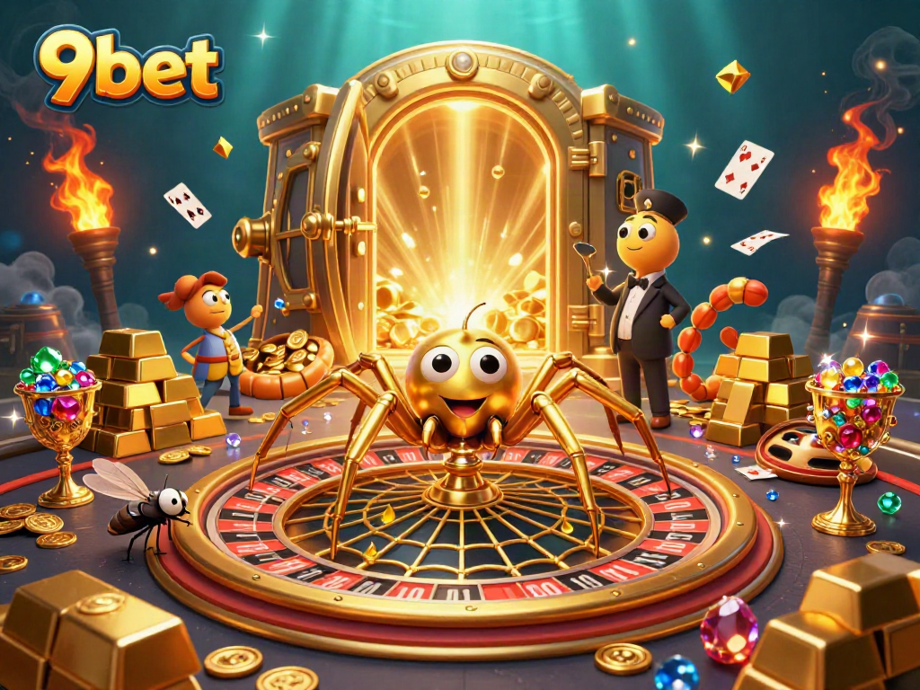 Engage with the thrilling action at 9bet with golden casino elements and cartoon characters depicting excitement and chance.
