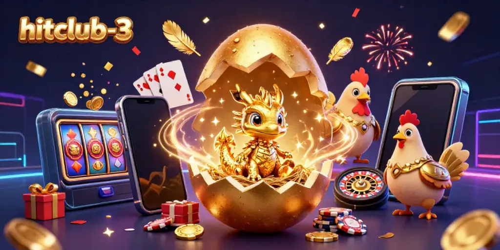 Experience excitement at hitclub-3 with a golden dragon and vibrant casino elements surrounding it.