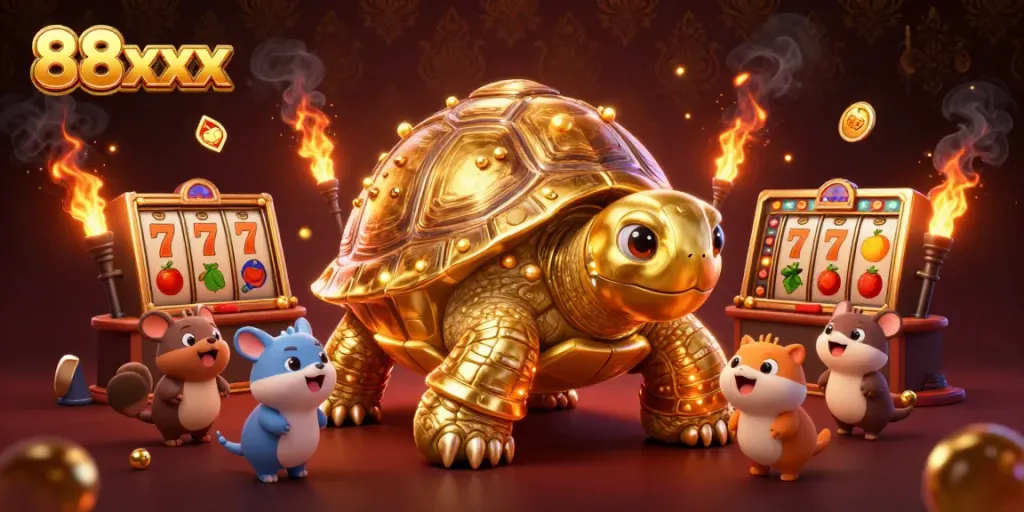 Experience thrilling gameplay at 88xx with an exciting illustration of unique slot machines and a golden tortoise character.
