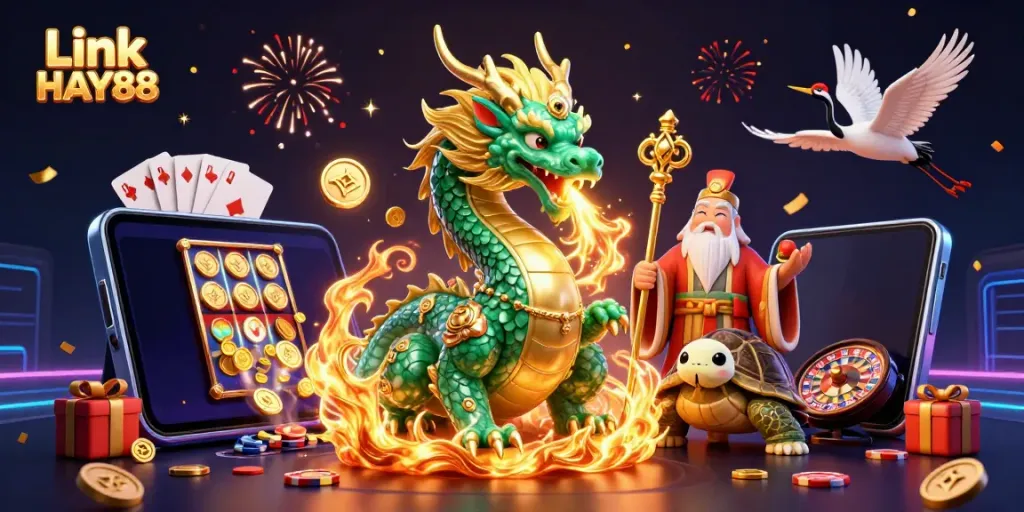 Experience exciting gameplay with Link HAY88's vibrant 3D casino illustration including a majestic dragon and lucky symbols.