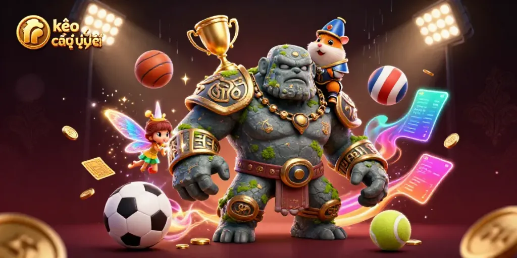 Experience kèo nhà cái trực tiếp with an exciting scene featuring a golem guardian, fairy, and hamster knight surrounded by dynamic sports elements.