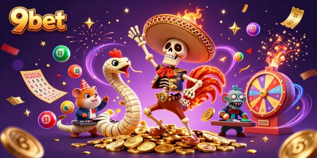 Experience excitement at 9bet with animated characters celebrating wins amidst lottery and casino elements.