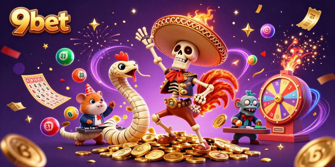 Experience excitement at 9bet with animated characters celebrating wins amidst lottery and casino elements.