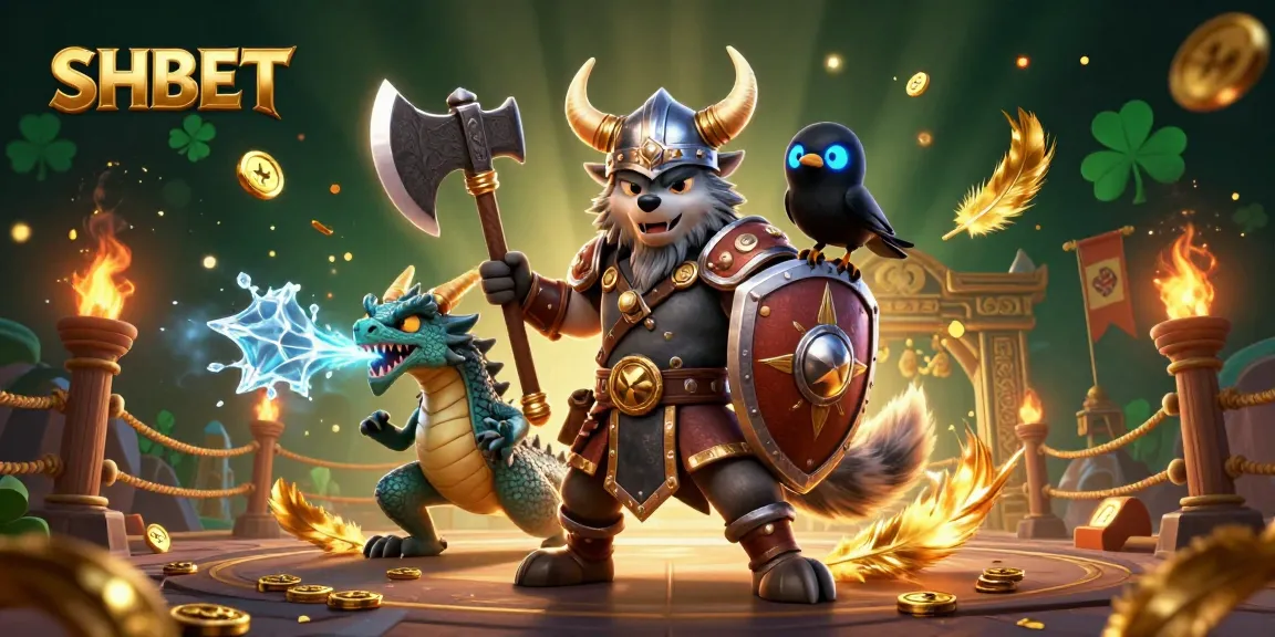 Experience the excitement of SHBET with a dynamic 3D casino scene featuring a Viking wolf warrior, dragon, and raven.