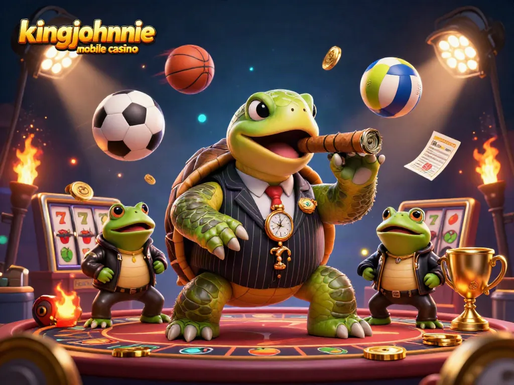 Experience thrilling action with kingjohnnie mobile casino featuring a snapping turtle in a mobster suit surrounded by vibrant casino elements.