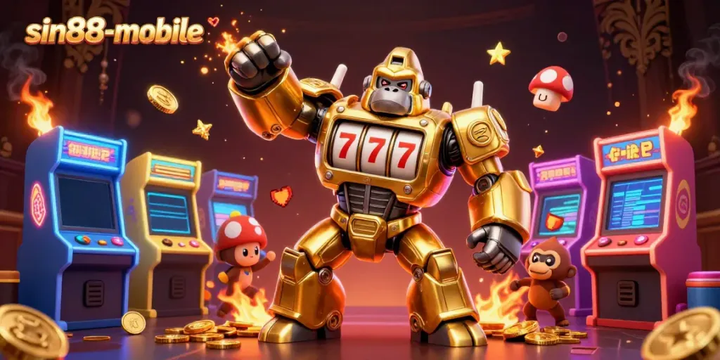 Engage in thrilling gameplay with the sin88-mobile transformer mech and vibrant arcade machines, exploding with coins.
