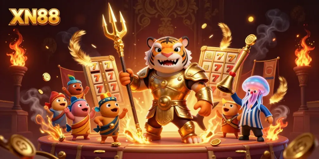 Experience the thrill of the XN88 casino world featuring a shark gladiator and lively gameplay.