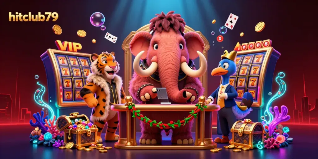 Engage with hitclub79 at the vibrant casino scene featuring a woolly mammoth bouncer, VIP saber-tooth tiger, and lively game elements.