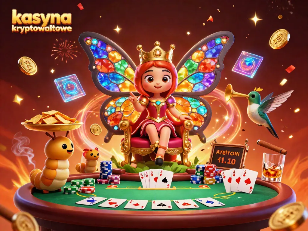 Experience exciting games at kasyna kryptowalutowe with Bitcoin and Ethereum coins, poker, and vibrant decorations.