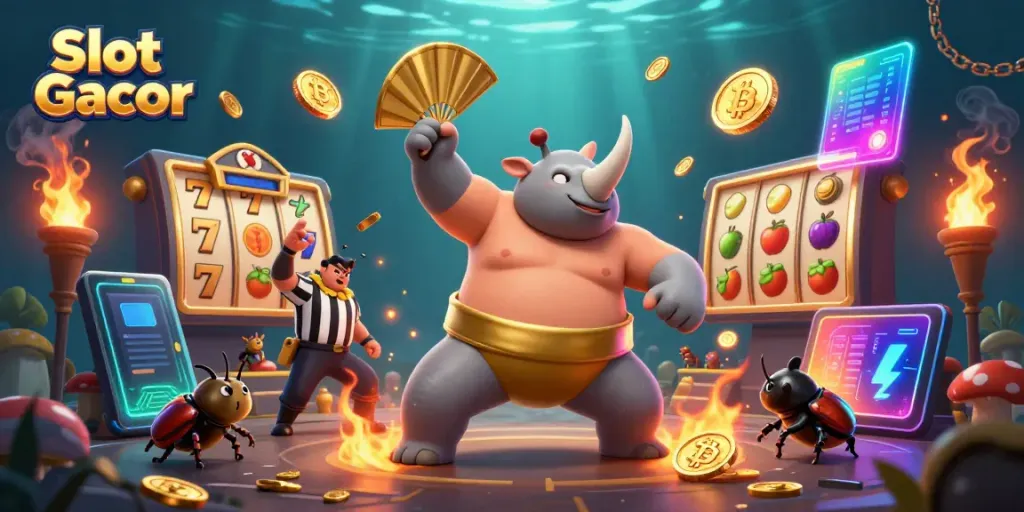 Engaging Slot Gacor action scene featuring a beetle champion amidst flying coins and slot elements