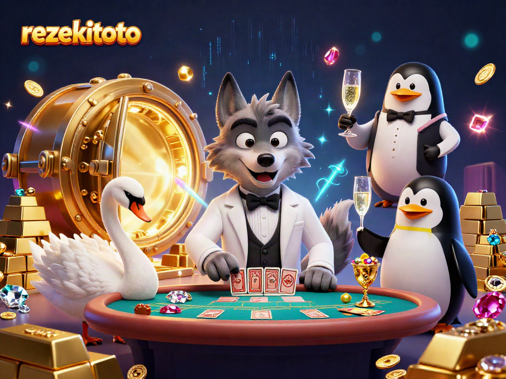 Experience thrilling casino action with rezekitoto in a vibrant 3D illustration featuring iconic casino characters.