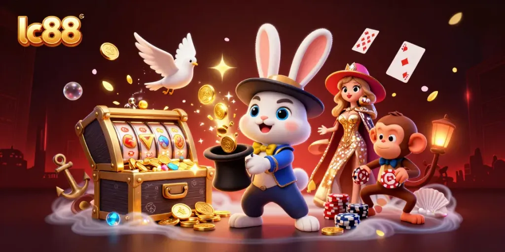 Experience winning at lc88 with a magician rabbit, shimmering treasure, and gaming symbols in a vibrant casino scene.
