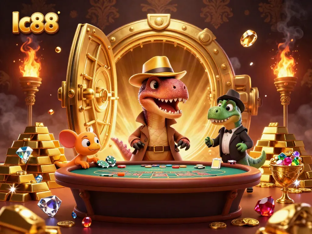 Spin and win at lc88's dynamic casino scene with a velociraptor counter at a blackjack table.