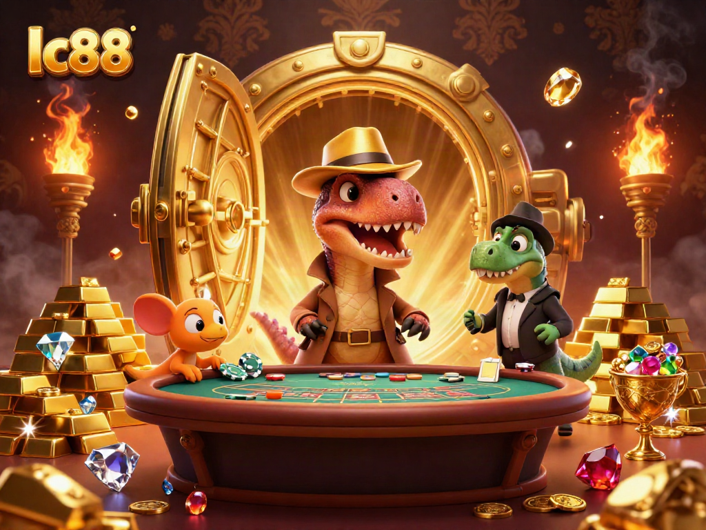 Spin and win at lc88's dynamic casino scene with a velociraptor counter at a blackjack table.