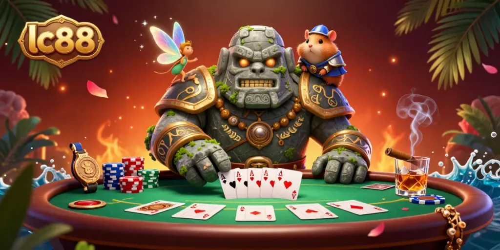 Engage with lc88's thrilling poker scene featuring vibrant characters and dynamic game elements.