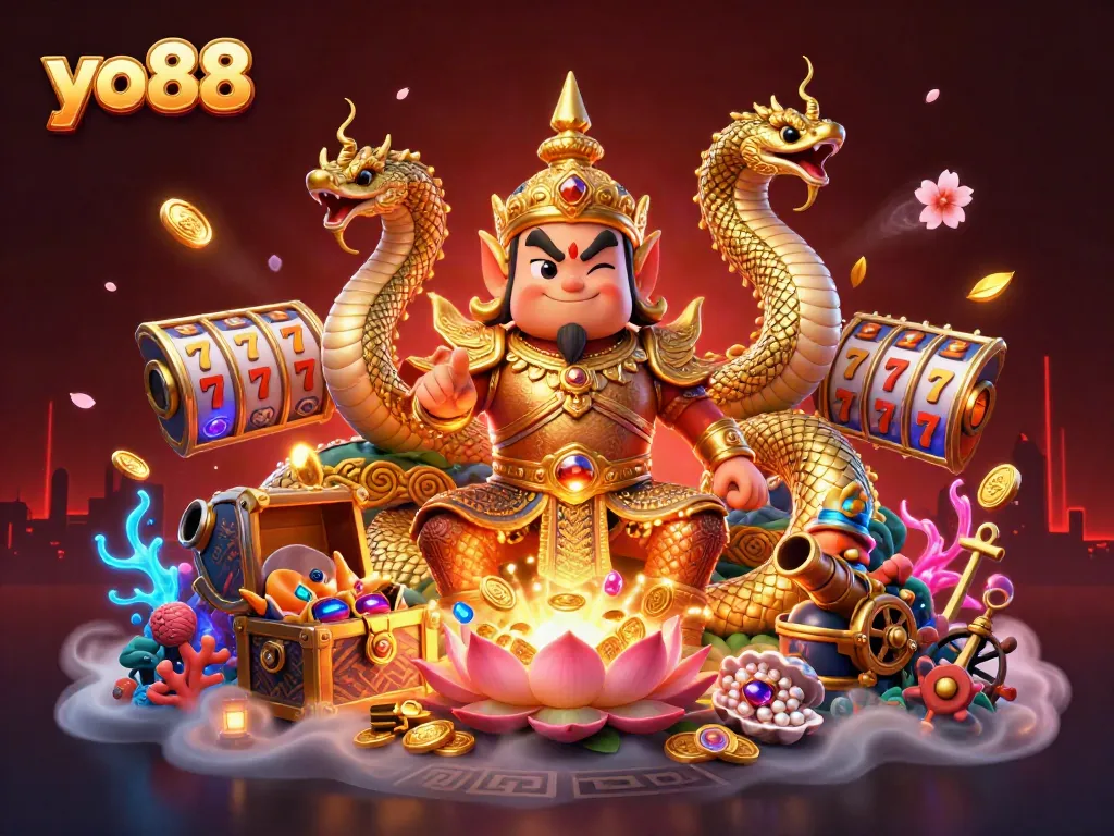 Experience the thrill of gaming at yo88 with colorful slot reels and captivating characters.