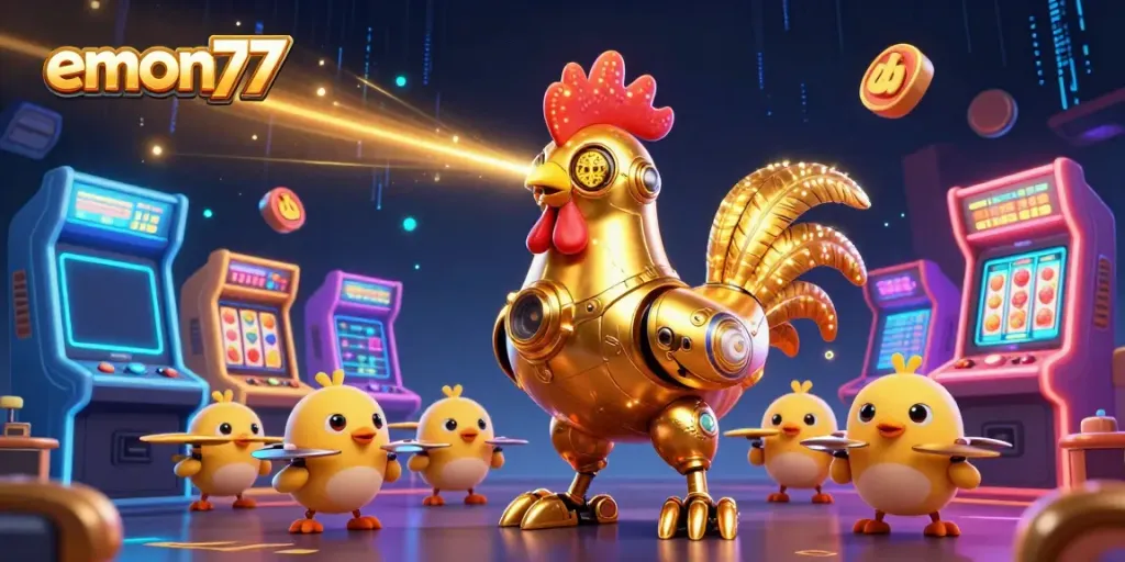 Engage with emon77 slots while enjoying a vibrant 3D casino scene featuring a golden rooster robot.