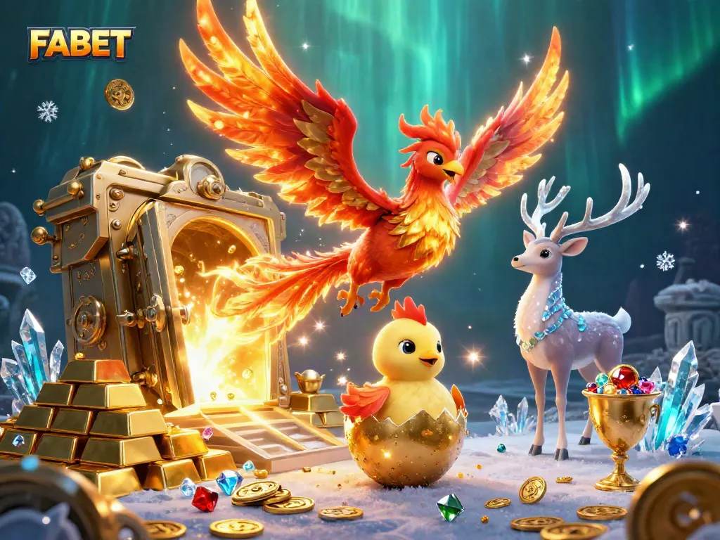 Experience FABET's vibrant gaming atmosphere with a phoenix emerging from treasures and mystical elements.