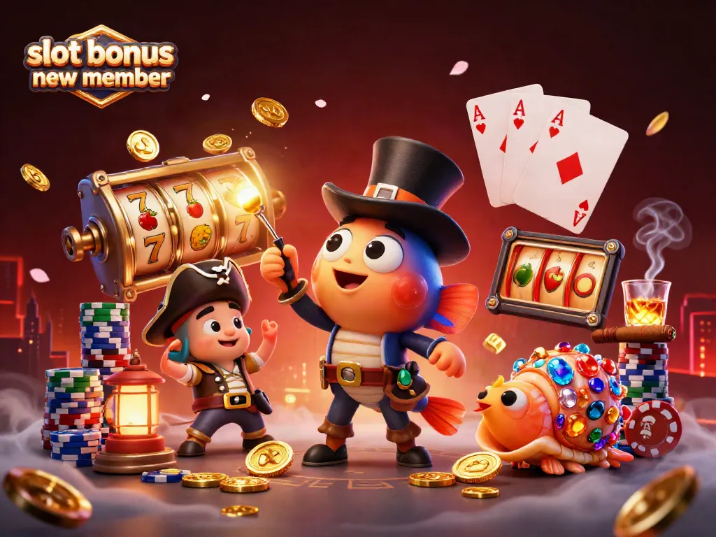 Engage with the slot bonus new member promotional scene featuring playful creatures and colorful slots.