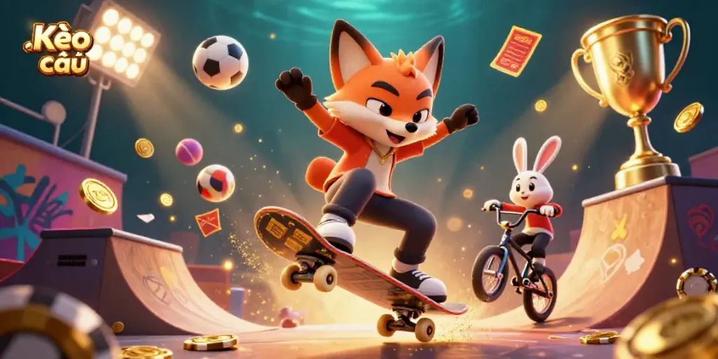 Experience Kèo nhà cái action in this vibrant 3D illustration with a skateboarder fox and BMX-riding rabbit surrounded by sports elements.