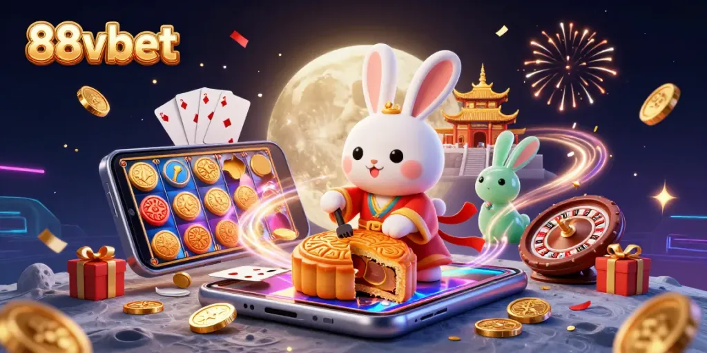 88vbet showcases an exciting casino experience with a moon rabbit and poker chips in a vibrant digital scene.