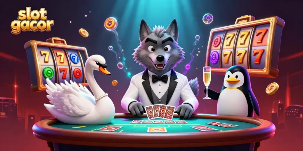 Menangkan slot gacor hari ini dengan karakter kasino unik dalam ilustrasi 3D yang penuh warna.