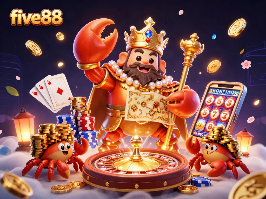 Experience the vibrant five88 casino world with a golden crab emperor and treasure-laden scene.
